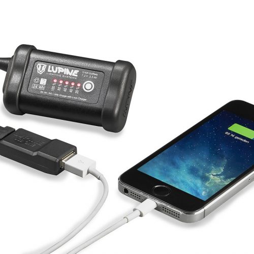 USB One (shown w/battery, phone and cable, not included) turns your Lupine battery into a charge station!